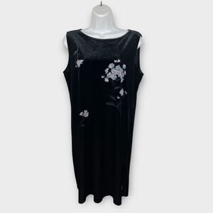 Vintage 90s dark romantic black velvet sleeveless painted floral dress Size 10